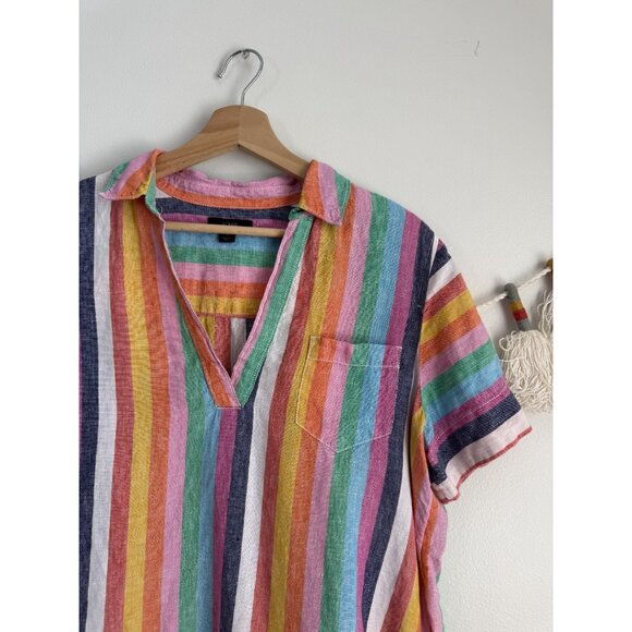 J. Crew 100% Linen Multicolor Rainbow V-Neck Short Sleeve Top Coastal Beachy S - Picture 5 of 9